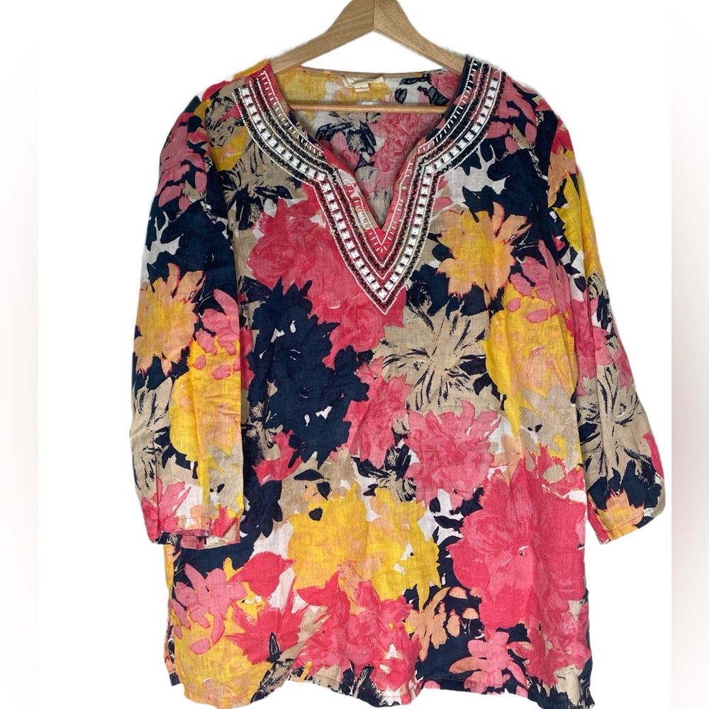 Charter Club Luxury 100% Linen Tunic Blouse Tropical Beaded Womens Size Large‎
